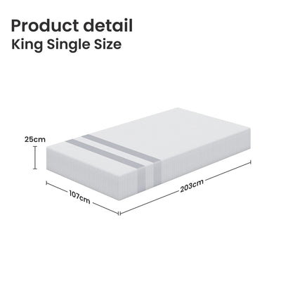 King Single Memory Foam Mattress 25cm Cooling Gel Foam Mattress in a Box with dimensions 203x107x25cm shown on white background