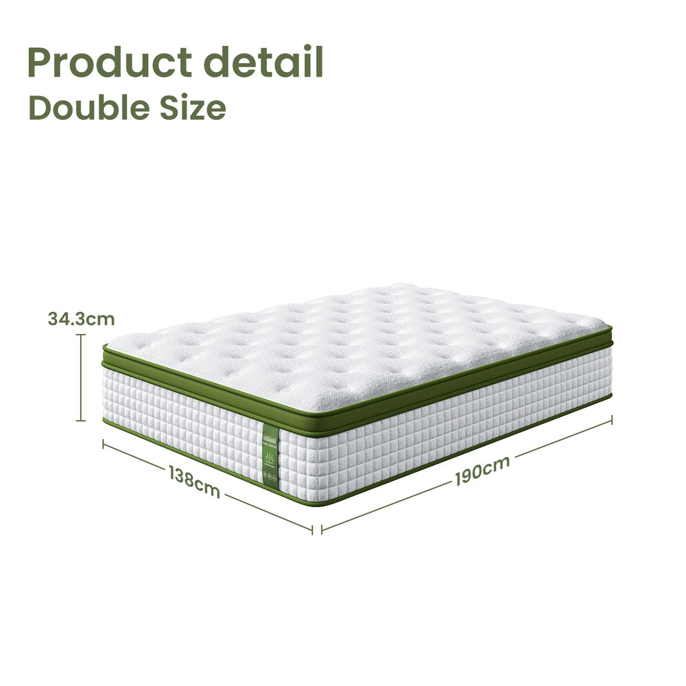 Pure Comfort Hybrid Euro Top Mattress 34cm Thick - Double size dimensions shown with quilted top and green trim