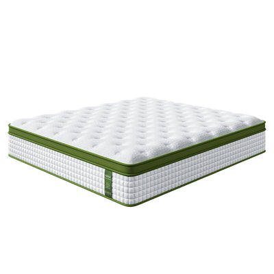 Pure Comfort Hybrid Euro Top Mattress 34cm Thick - King with white quilted top and green fabric border on white background