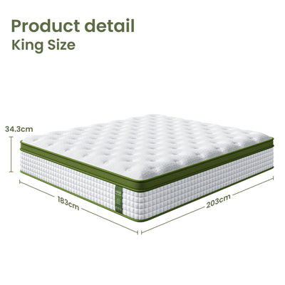 Pure Comfort Hybrid Euro Top Mattress 34cm Thick - King size with detailed dimensions and quilted white top surface