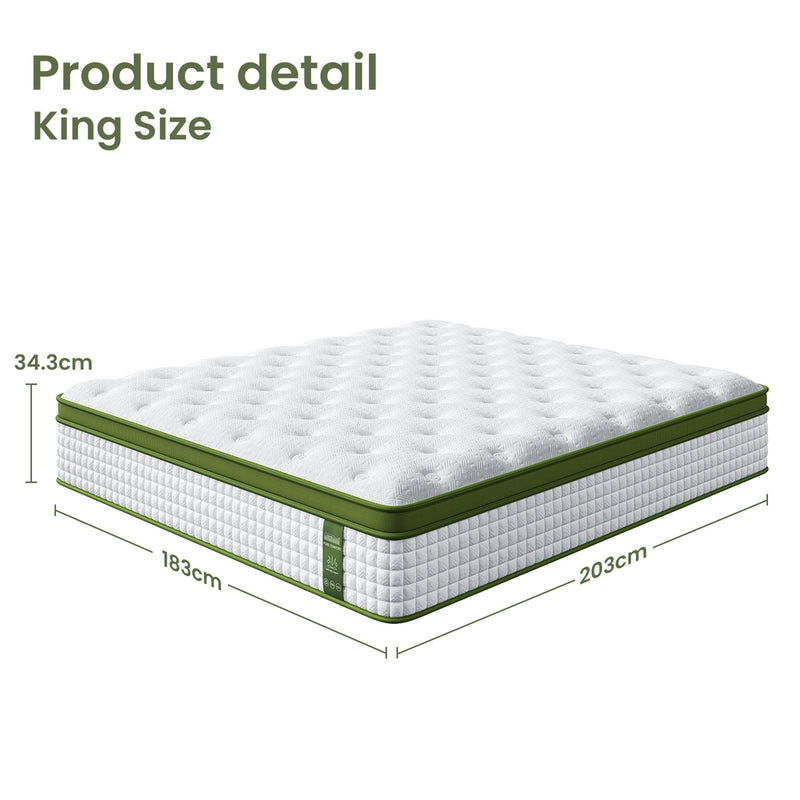 Pure Comfort Hybrid Euro Top Mattress 34cm Thick - King size with detailed dimensions and quilted white top surface