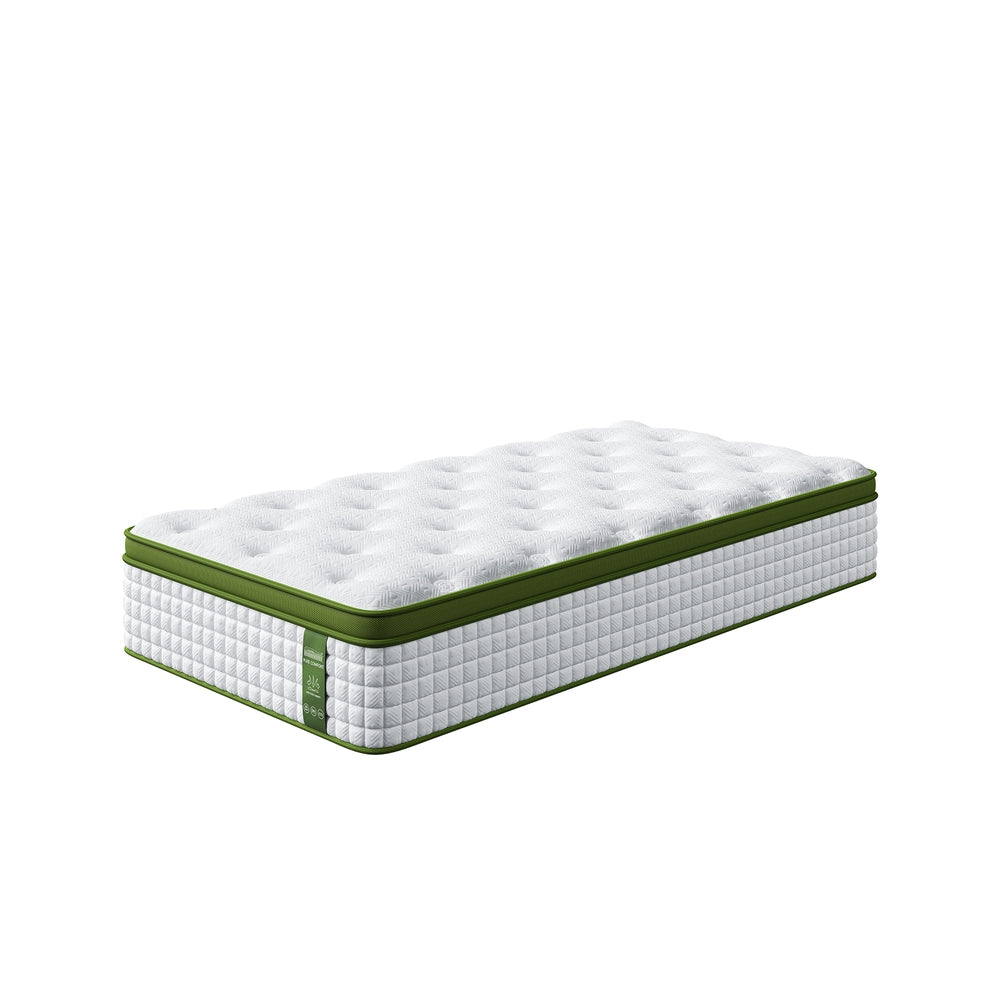 Pure Comfort Hybrid Euro Top Mattress 34cm Thick - King Single with white quilted top and green border on white background