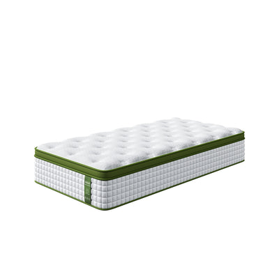 Pure Comfort Hybrid Euro Top Mattress 34cm Thick - King Single with white quilted top and green border on white background