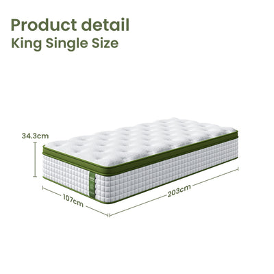 Pure Comfort Hybrid Euro Top Mattress 34cm Thick - King Single with white quilted top and green trim, showing dimensions