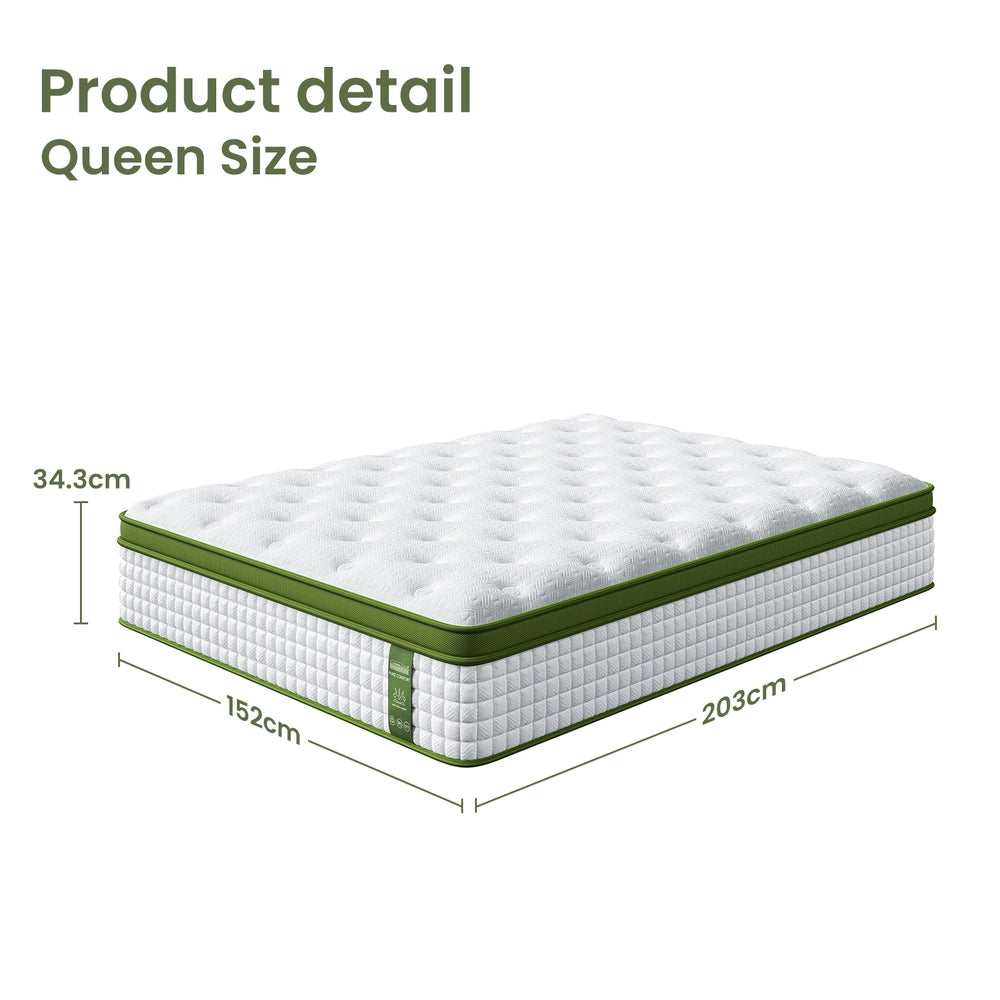 Pure Comfort Hybrid Euro Top Mattress 34cm Thick - Queen with quilted white surface and green trim showing dimensions