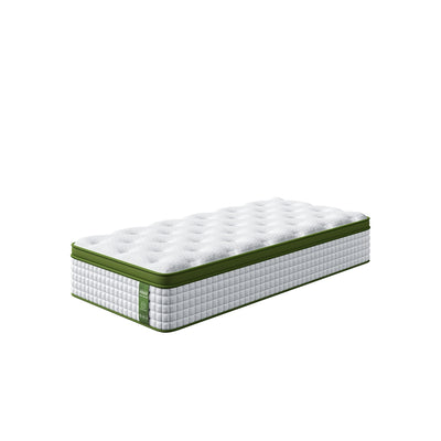 Pure Comfort Hybrid Euro Top Mattress 34cm Thick - Single with quilted top and green trim, designed for medium firm support