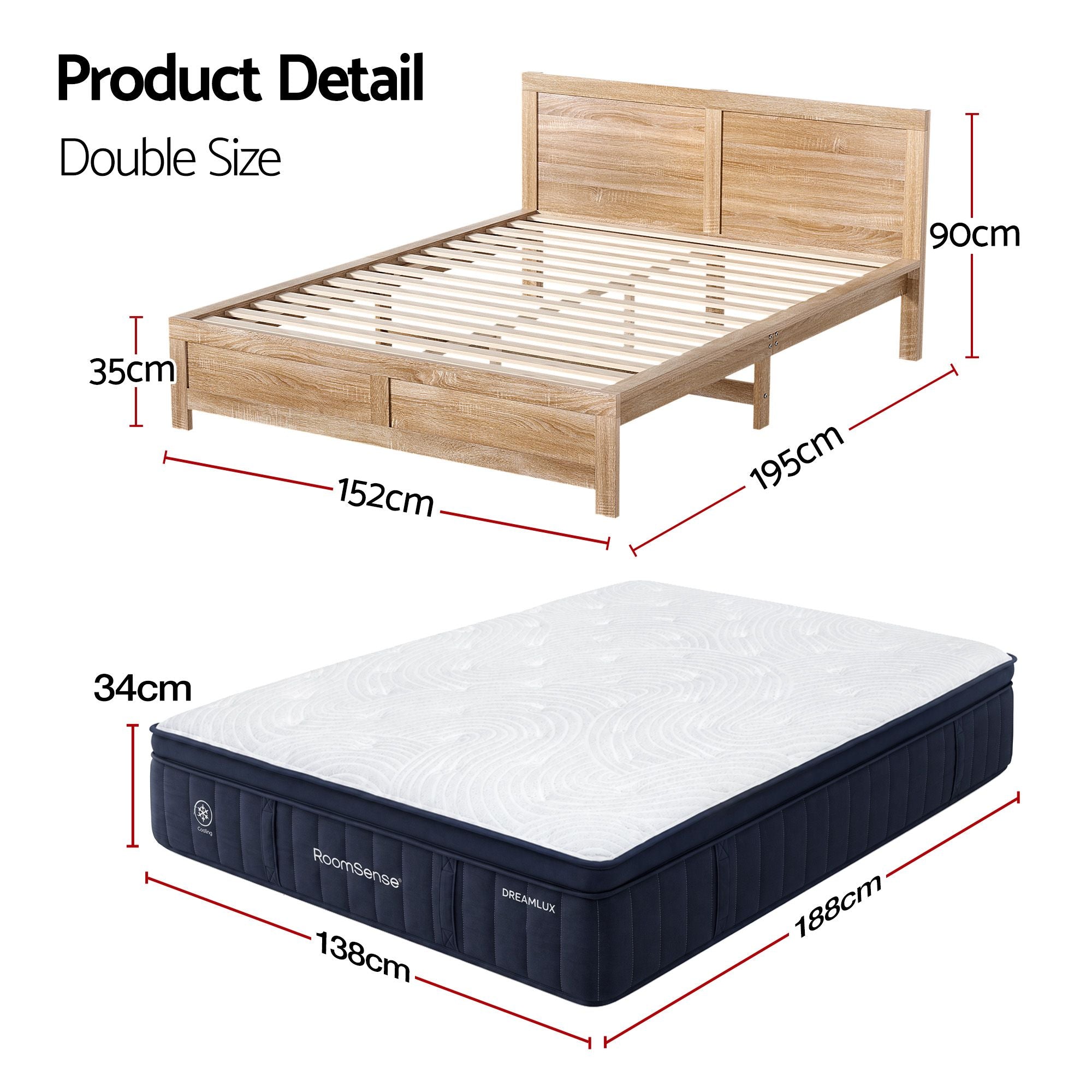 Double 34cm Medium Soft Gel Mattress and Oatmeal Bed Frame Bundle - Oatmeal