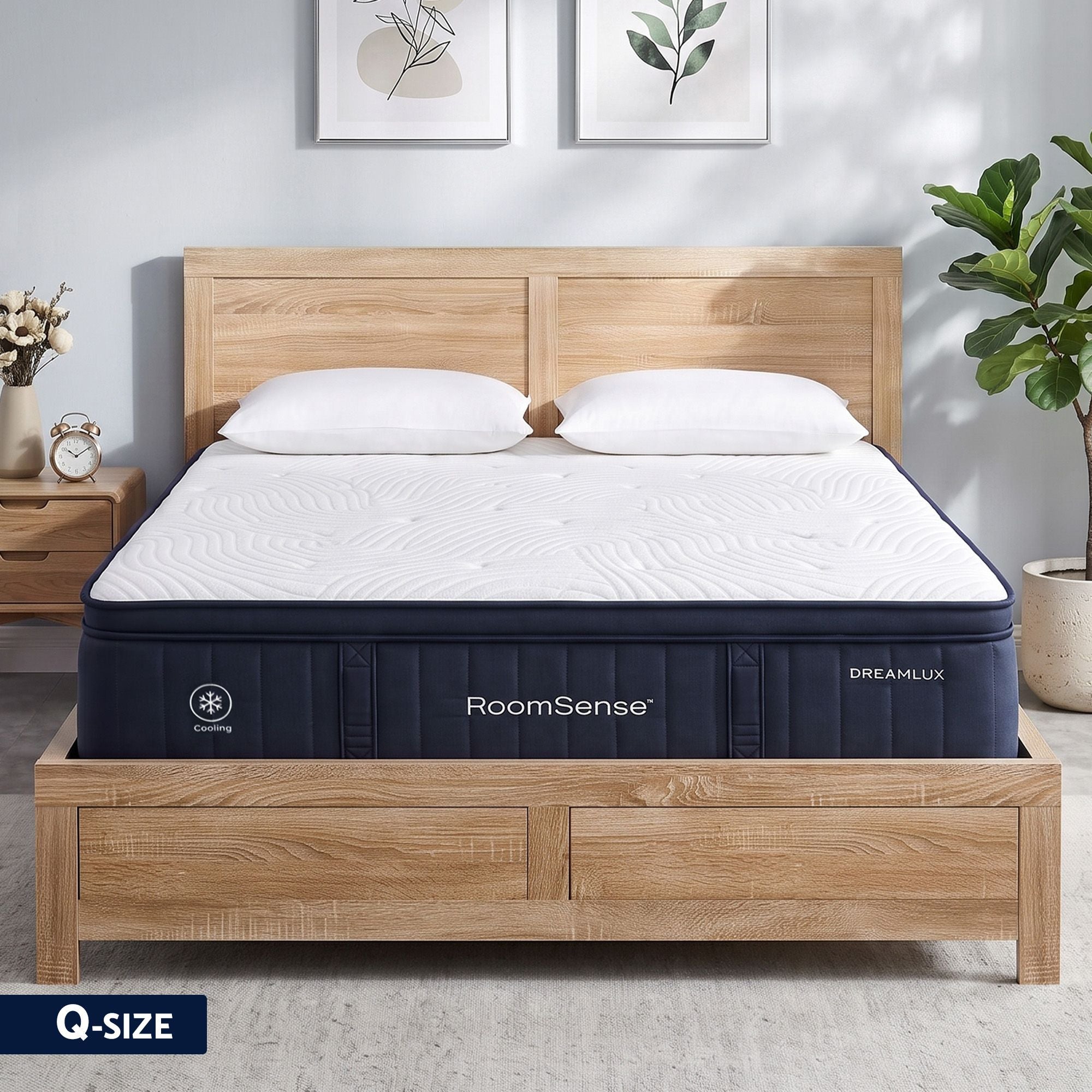 Queen 34cm Medium Soft Gel Mattress and Oatmeal Bed Frame Bundle - Oatmeal