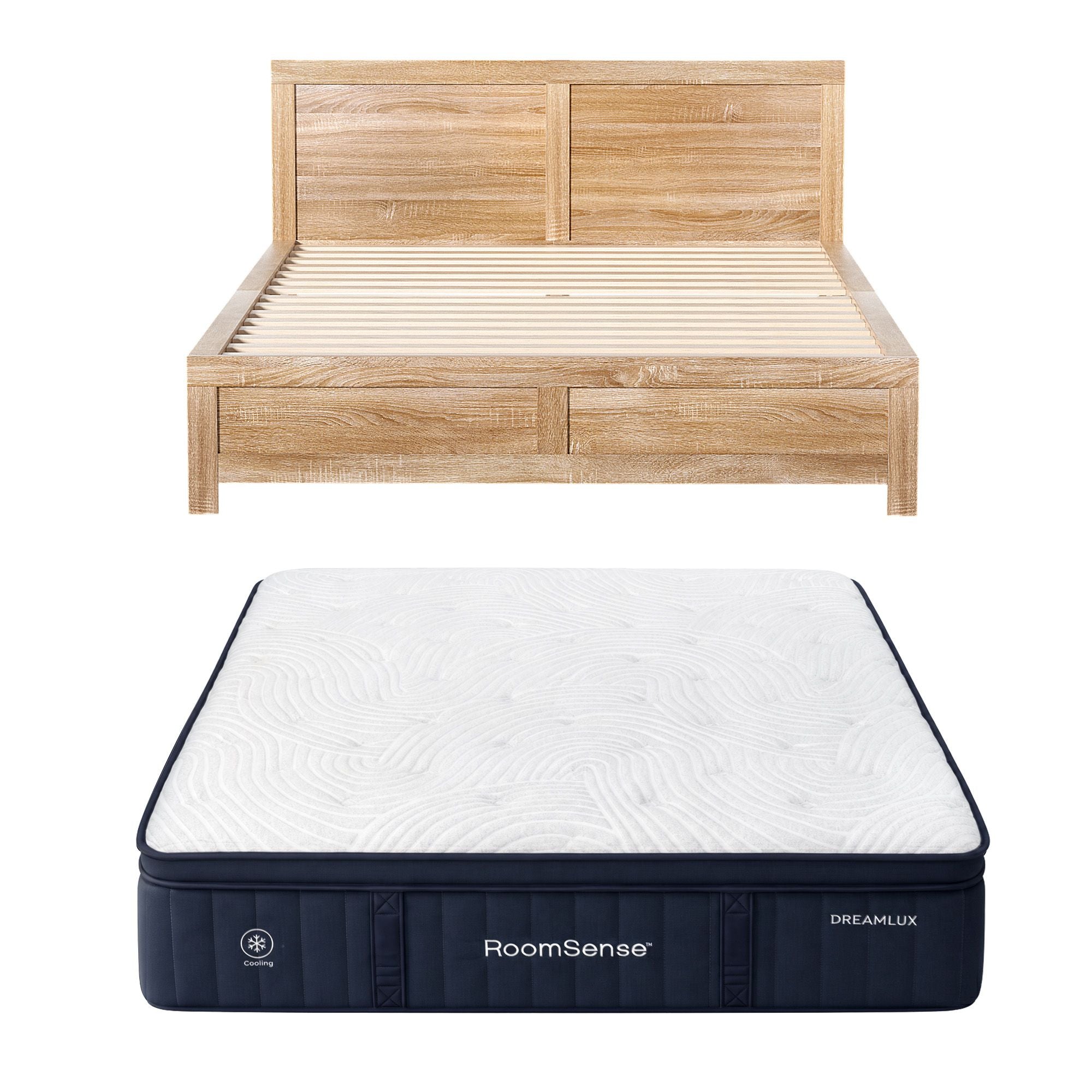 Queen 34cm Medium Soft Gel Mattress and Oatmeal Bed Frame Bundle - Oatmeal
