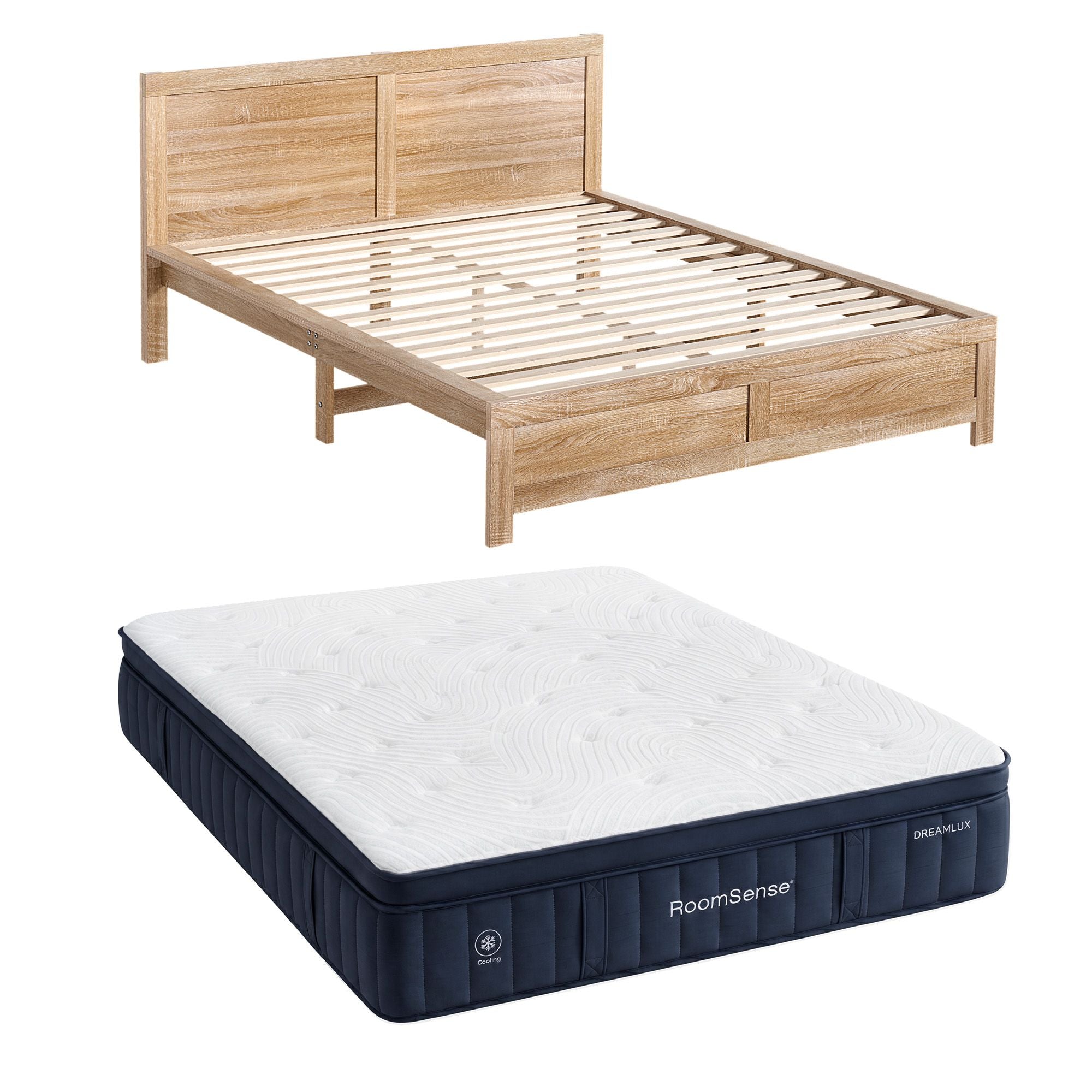 Queen 34cm Medium Soft Gel Mattress and Oatmeal Bed Frame Bundle - Oatmeal