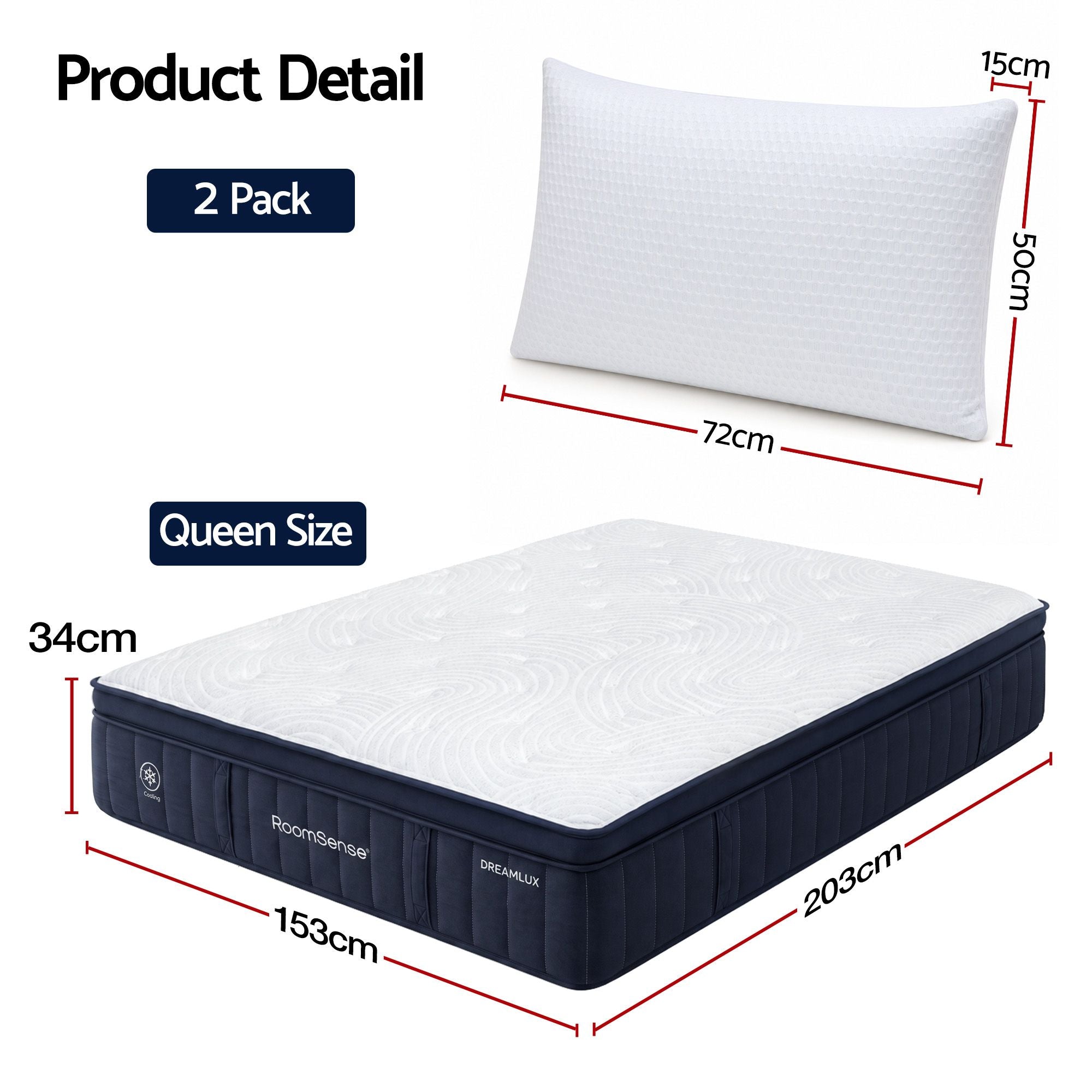 Queen 34cm Medium Soft Gel Mattress Bundle with 2 Cooling Pillows - Blue