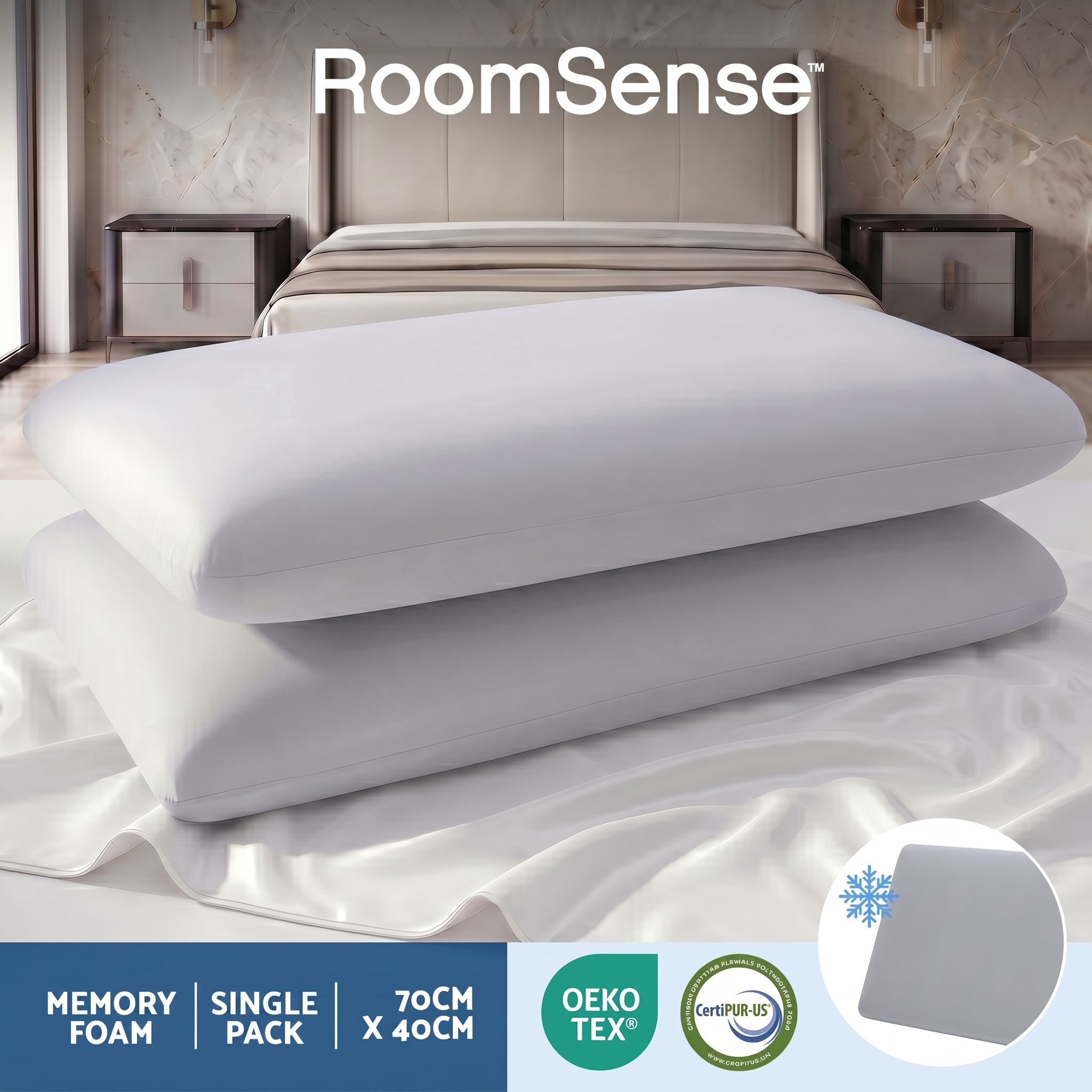 Cooling Memory Foam Pillows for Sleeping, Anti-Clumping Solid Core Bed Pillows for Hot Sleepers, Supportive Side Sleeper Pillow, Washable Cover Queen Size 1 Pack, 70x40x10cm
