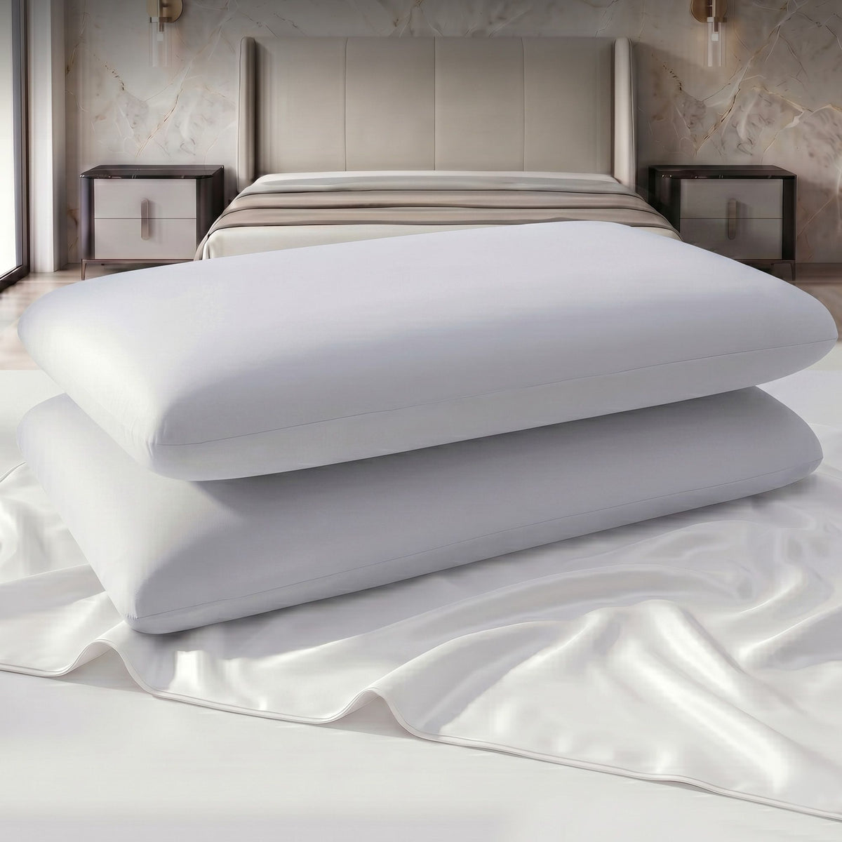 Cooling Memory Foam Queen Pillows Set of 2 70x40x10cm with Washable Cover - White