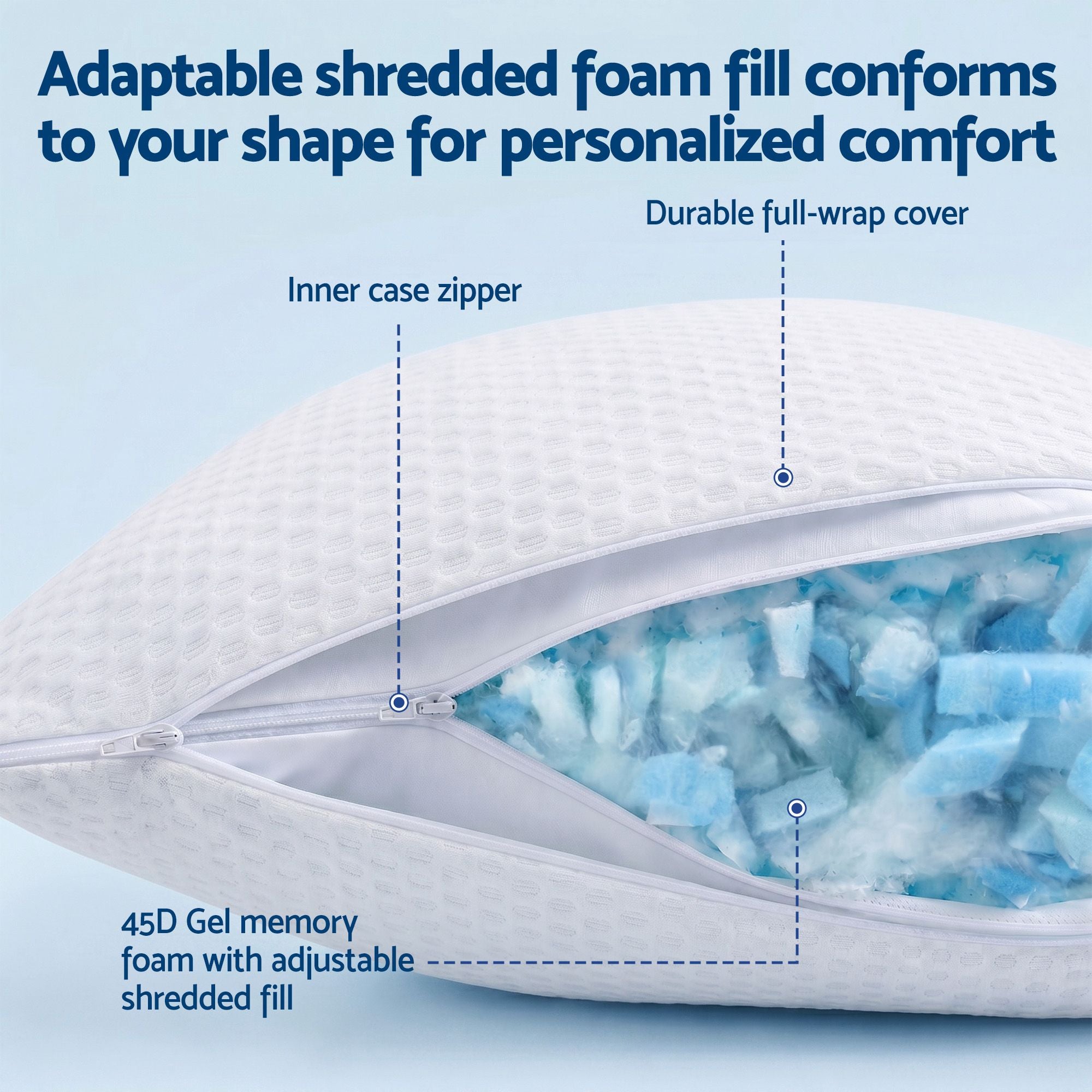 Cooling Memory Foam Pillow Pillows 1 Pack, Anti-Flattening Bed Pillows for Hot Sleepers, Adjustable Shredded Gel Side Sleeper Pillow for Neck Support, Washable Cover, 72x50x15cm