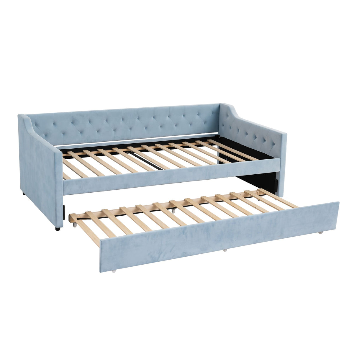 King Single Buttonless Tufted Daybed with Pull-Out Trundle - Light Blue