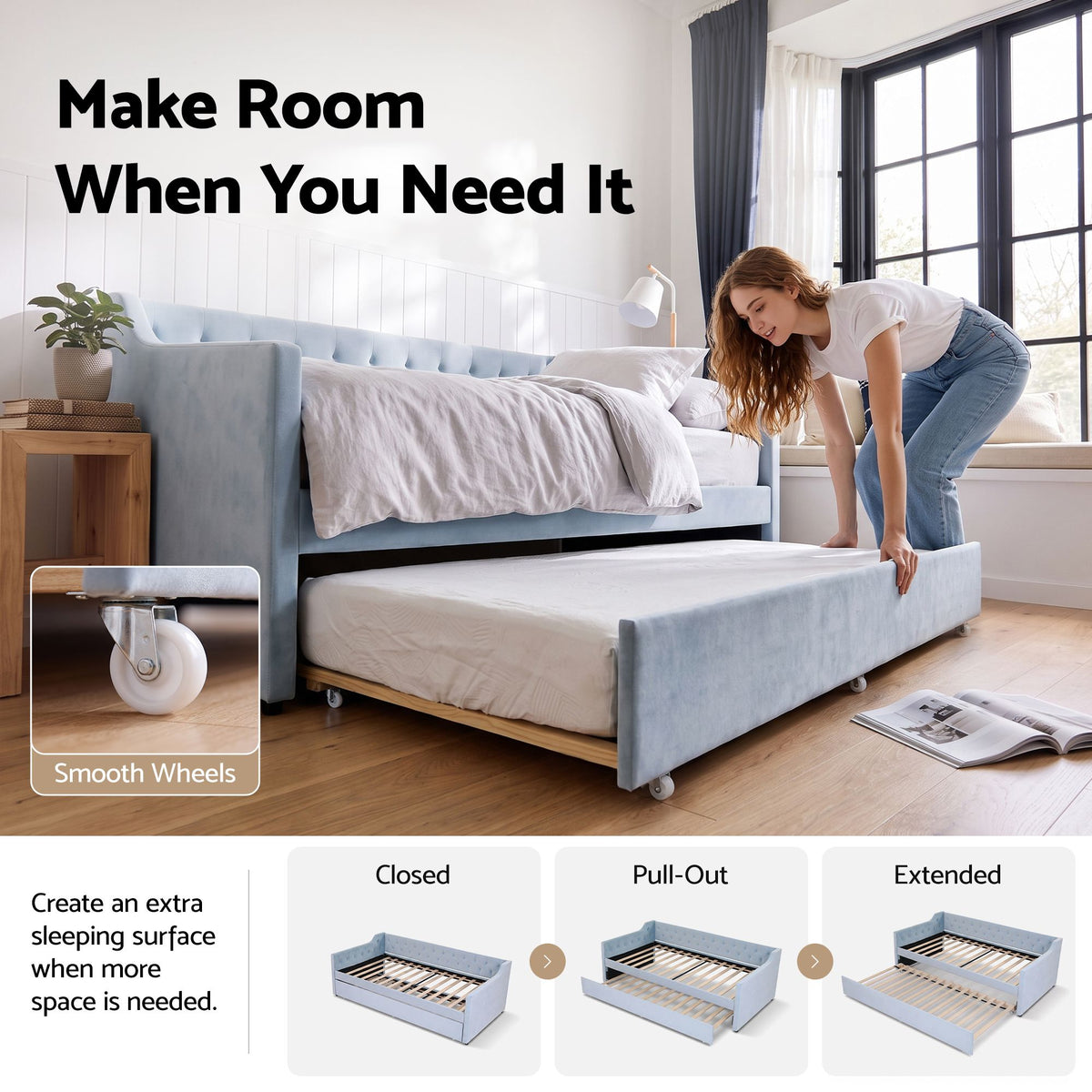 King Single Buttonless Tufted Daybed with Pull-Out Trundle - Light Blue