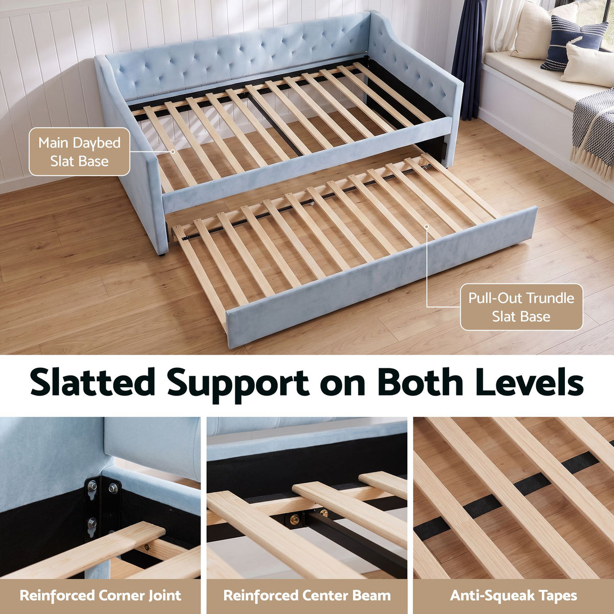 King Single Buttonless Tufted Daybed with Pull-Out Trundle - Light Blue