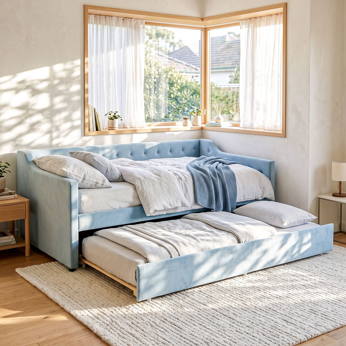 King Single Buttonless Tufted Daybed with Pull-Out Trundle - Light Blue