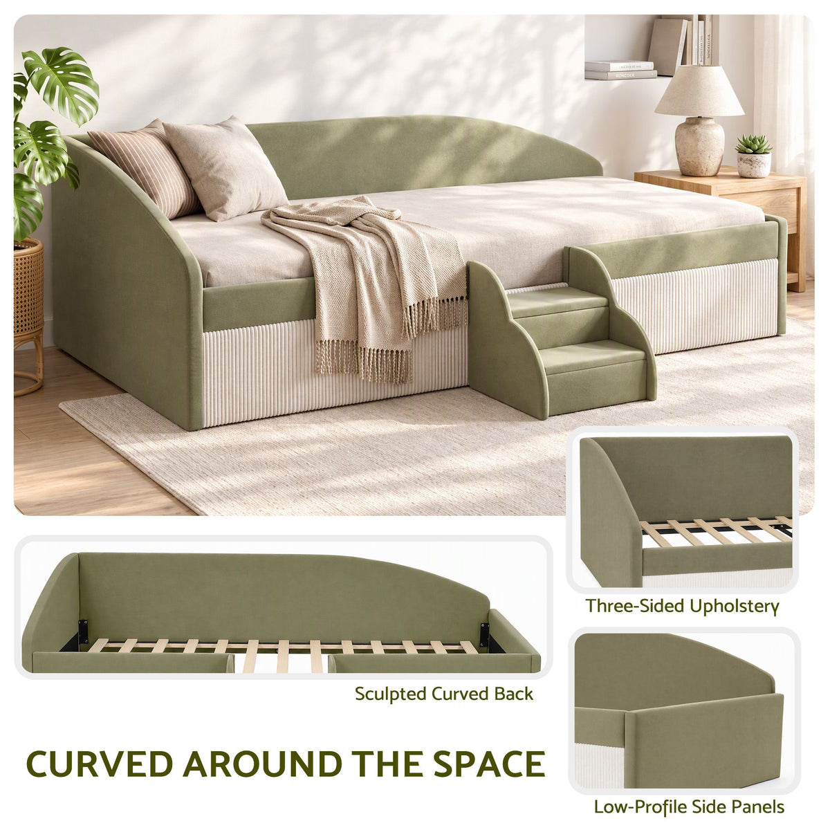 Single Upholstered Daybed with Centre Stair - Olive Green