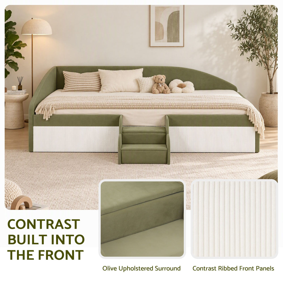 Single Upholstered Daybed with Centre Stair - Olive Green