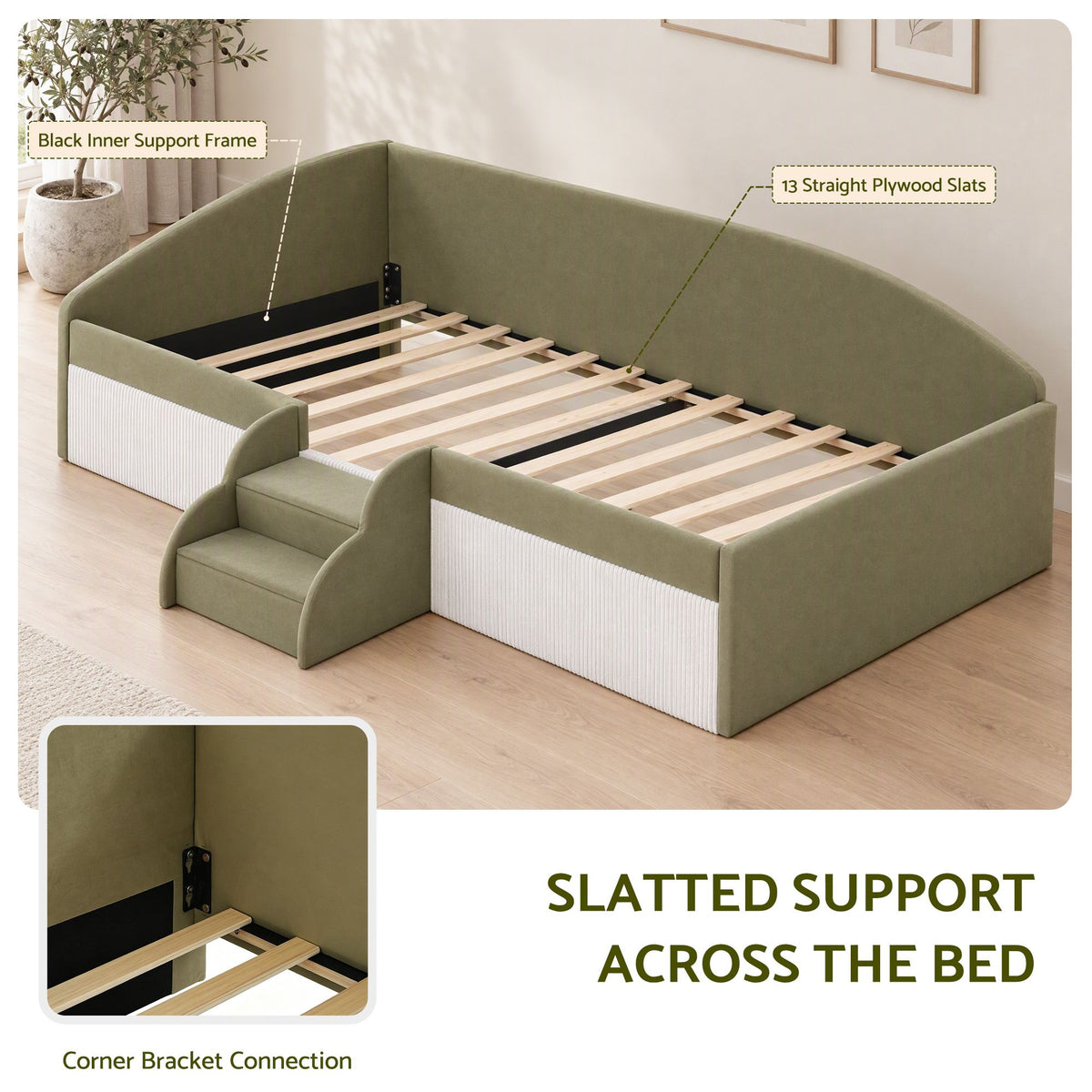 Single Upholstered Daybed with Centre Stair - Olive Green