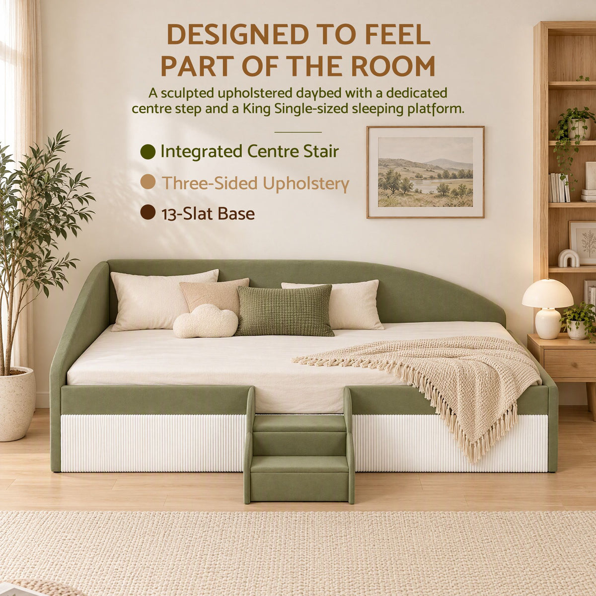 Single Upholstered Daybed with Centre Stair - Olive Green