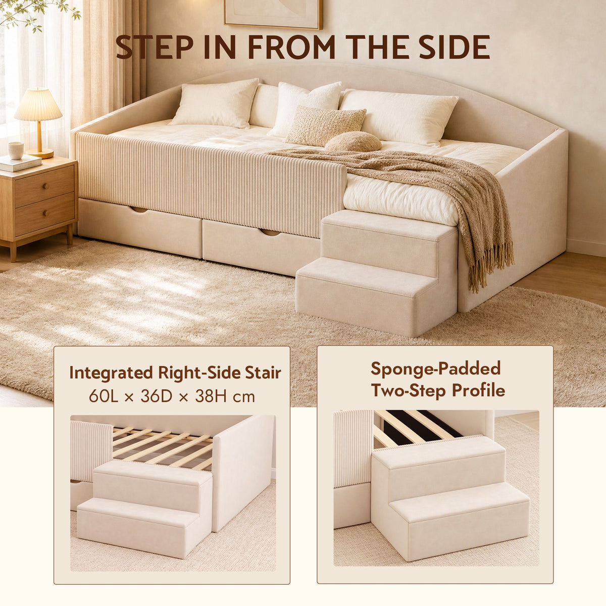King Single Upholstered Daybed with Stairs and Storage Drawers - Beige
