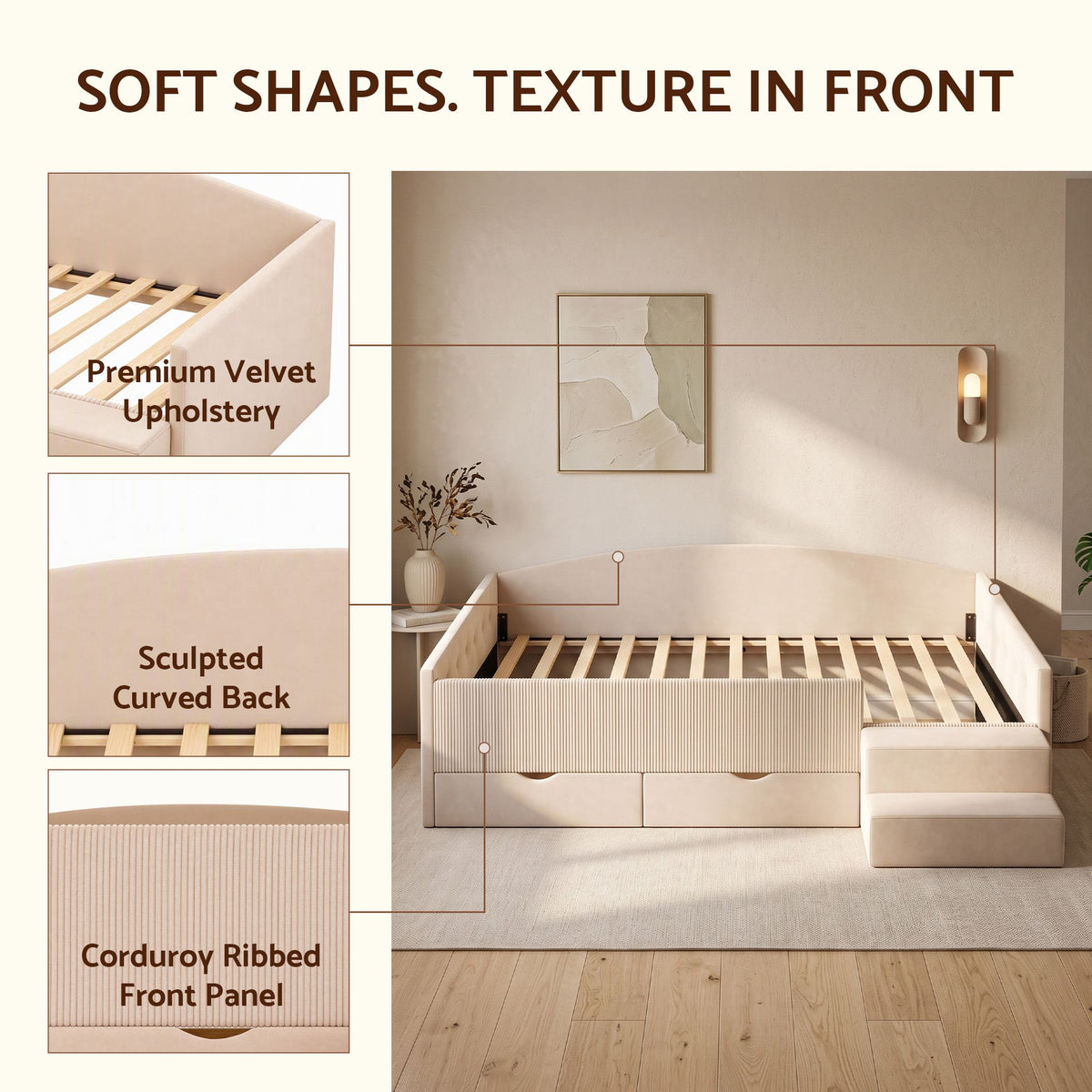 King Single Upholstered Daybed with Stairs and Storage Drawers - Beige