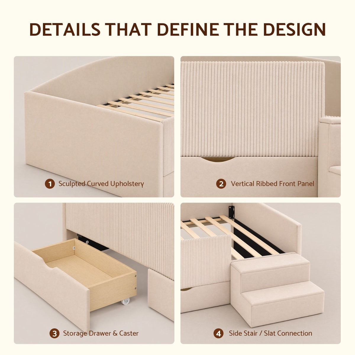 King Single Upholstered Daybed with Stairs and Storage Drawers - Beige