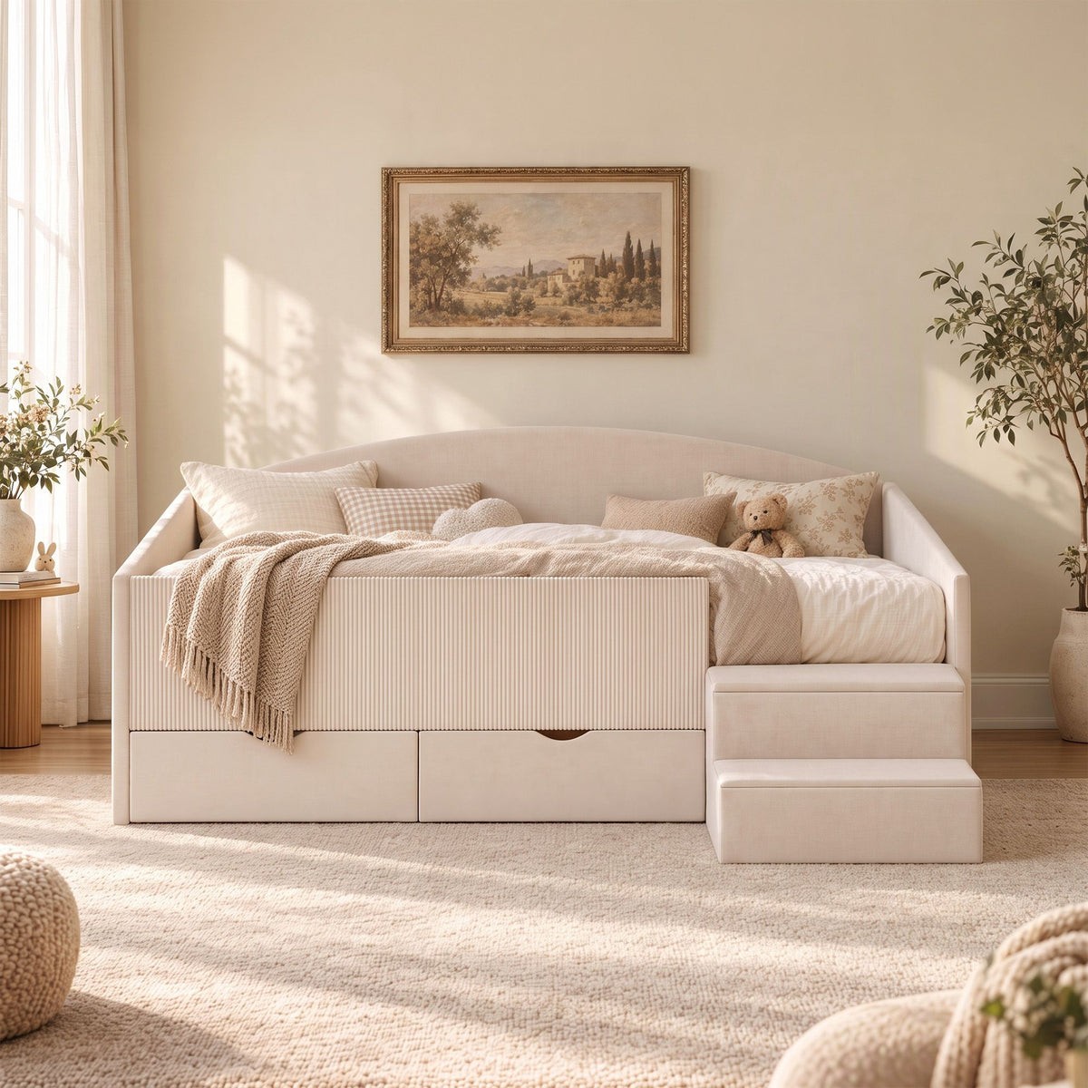 Single Upholstered Daybed with Side Stairs and Storage Drawers - Beige