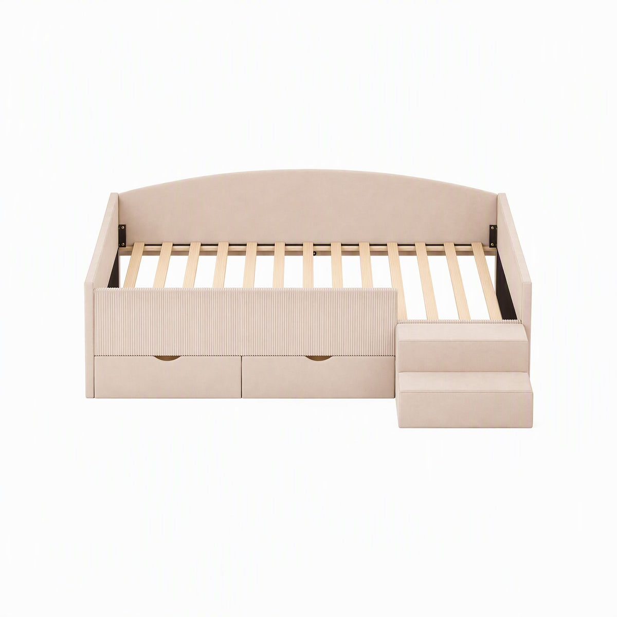 Single Upholstered Daybed with Side Stairs and Storage Drawers - Beige