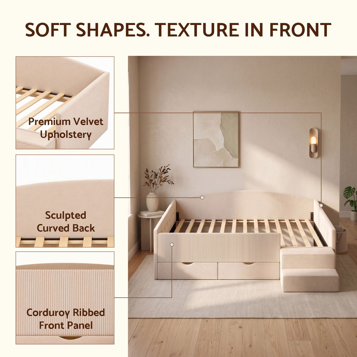 Single Upholstered Daybed with Side Stairs and Storage Drawers - Beige