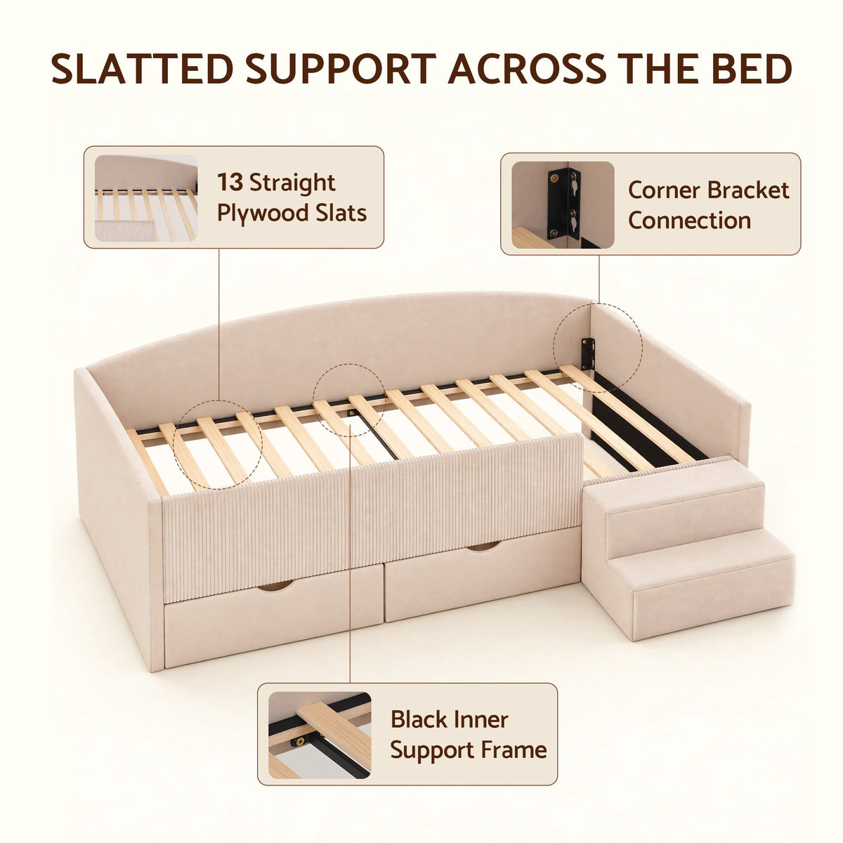 Single Upholstered Daybed with Side Stairs and Storage Drawers - Beige