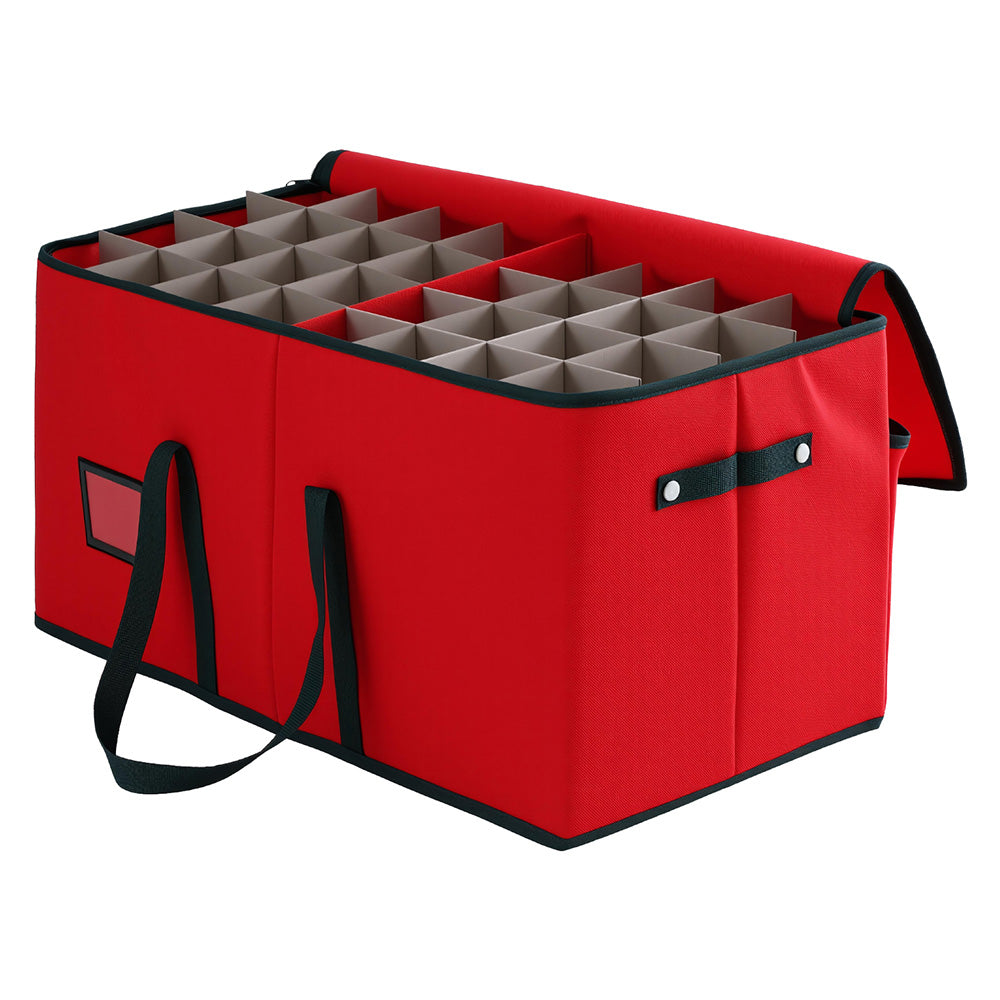 Christmas Baubles Storage Box 128 Slots Decor Ornaments Container in red fabric with multiple dividers and black handles
