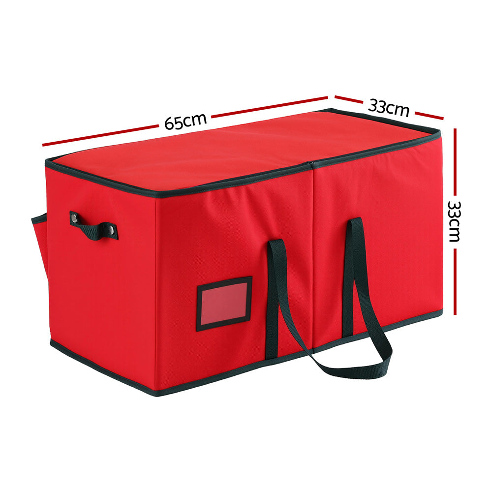 Christmas Baubles Storage Box 128 Slots Decor Ornaments Container in red fabric with black trim and carrying handles