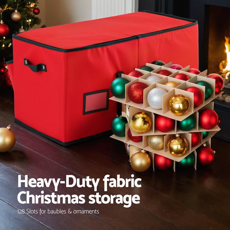 Christmas Baubles Storage Box 128 Slots Decor Ornaments Container with red heavy-duty fabric and compartment inserts for baubles.
