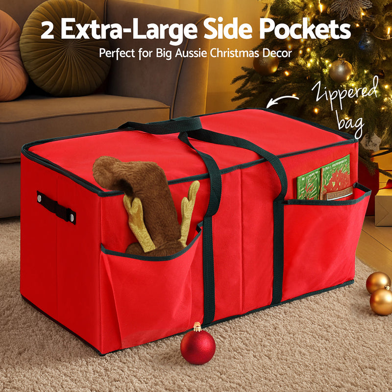 Christmas Baubles Storage Box 128 Slots Decor Ornaments Container in red with extra-large side pockets and zippered dust-proof design