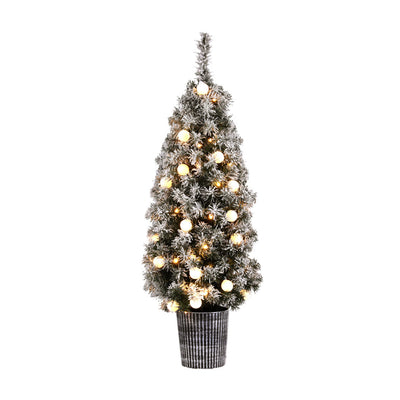 Christmas Tree 1.2M Potted Snowy Xmas Tree with warm white LED lights in a textured pot on white background