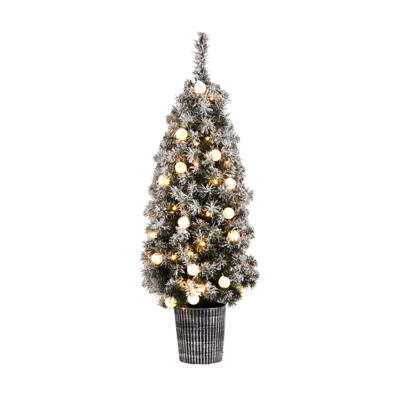 Christmas Tree 1.2M Potted Snowy Xmas Tree with warm white LED lights in a textured pot on white background