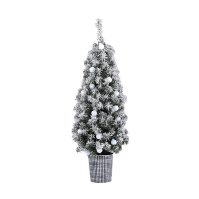 Christmas Tree 1.2M Potted Snowy Xmas Tree with white baubles and frosted branches in a rustic gray pot on white background