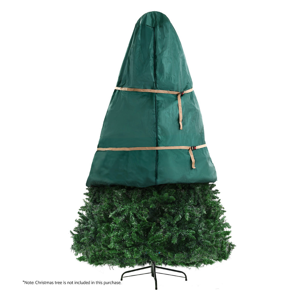 Christmas Tree Storage Bag Fits Up to 9ft Tree Xmas Bag Green, made of durable fabric with zipper and straps, shown on tree frame