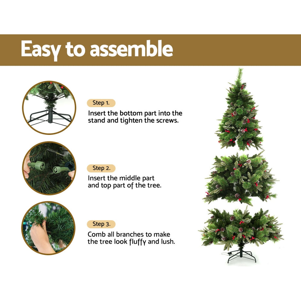 7FT / 2.1M Christmas Tree – 1360 Tips – Pre-lit 450 Warm White LED Lights with Pine Cones & Red Berries