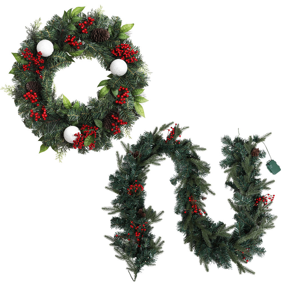 Christmas Garland with Wreath Set LED Lights Xmas Tree Decor-1