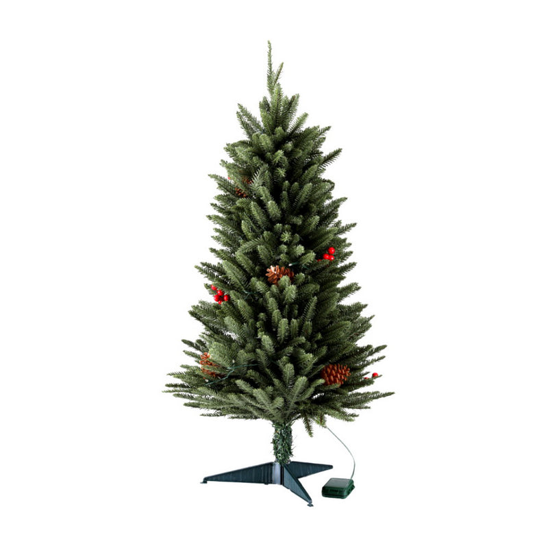 Mini 90CM LED Christmas Tree with pine cones, red berries, warm lights, and a green stand on white background