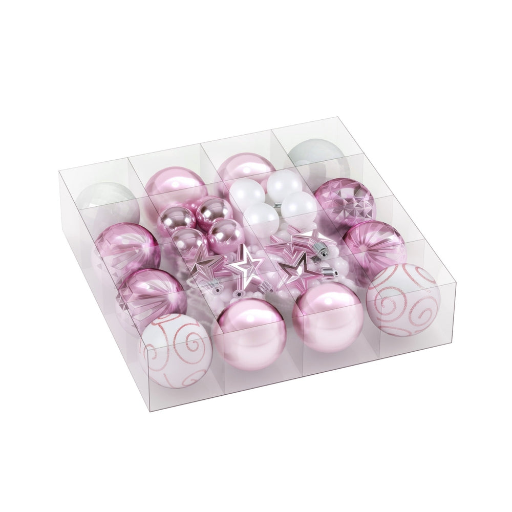 33pcs Christmas Tree Decorations Set Baubles Ornaments Party Pink with assorted shiny and matte finishes in clear box packaging
