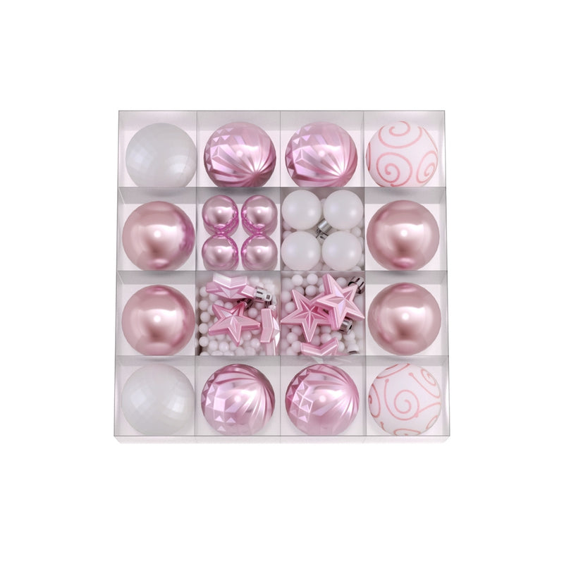 33pcs Christmas Tree Decorations Set Baubles Ornaments Party Pink with various glossy, matte, and patterned baubles in a clear box