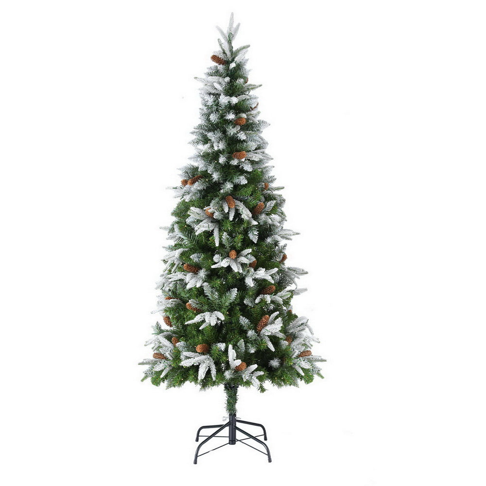 6FT / 1.8M Christmas Tree – Snow Flocked with Pine Cones – 680 Tips – Pre-lit 280 Warm White LED Lights on metal stand