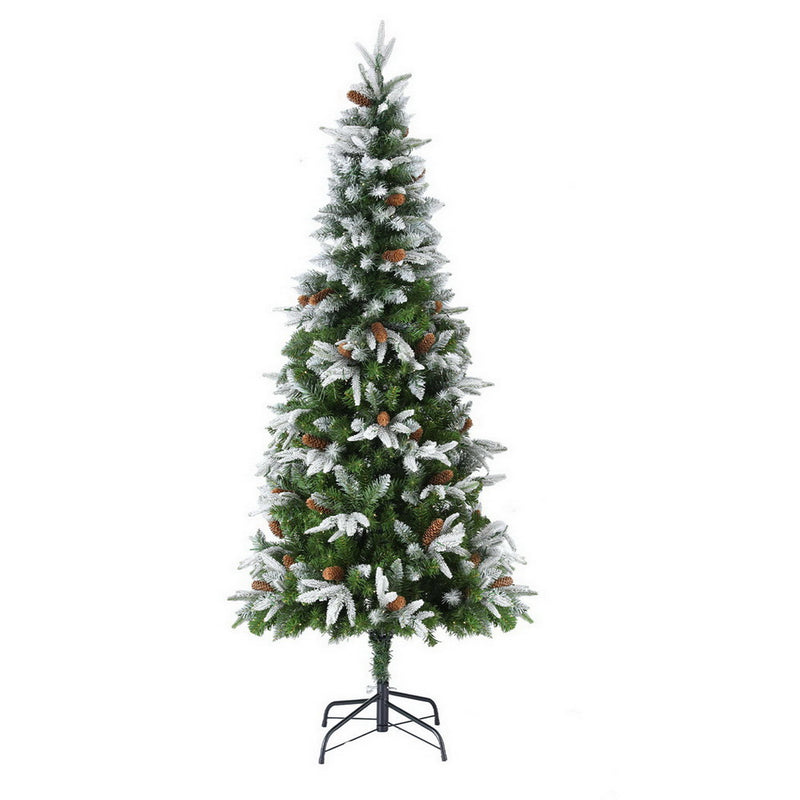 6FT / 1.8M Christmas Tree – Snow Flocked with Pine Cones – 680 Tips – Pre-lit 280 Warm White LED Lights on metal stand