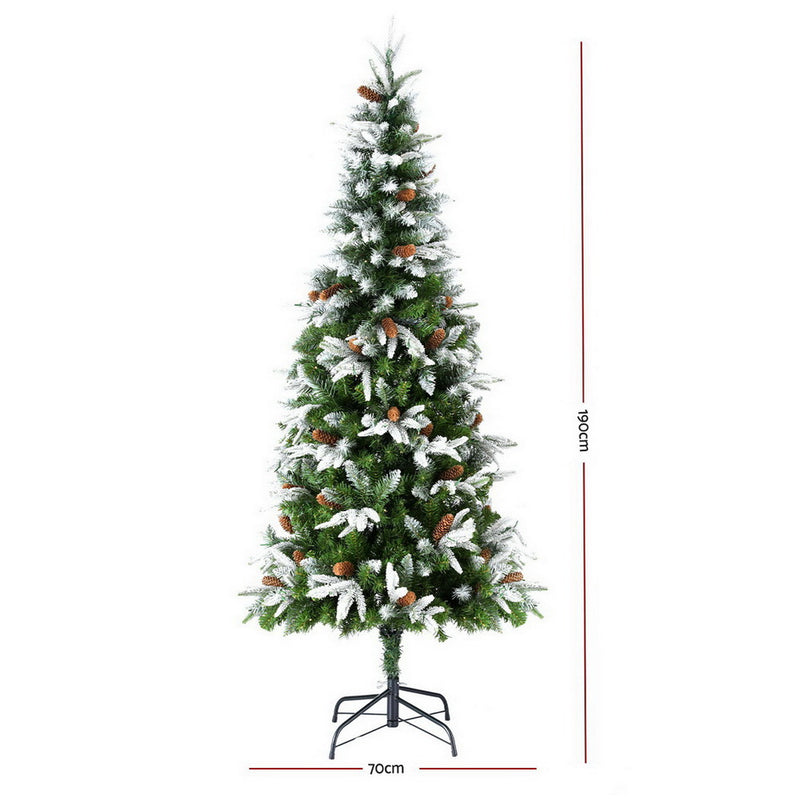 6FT / 1.8M Christmas Tree – Snow Flocked with Pine Cones – 680 Tips – Pre-lit 280 Warm White LED Lights with metal stand