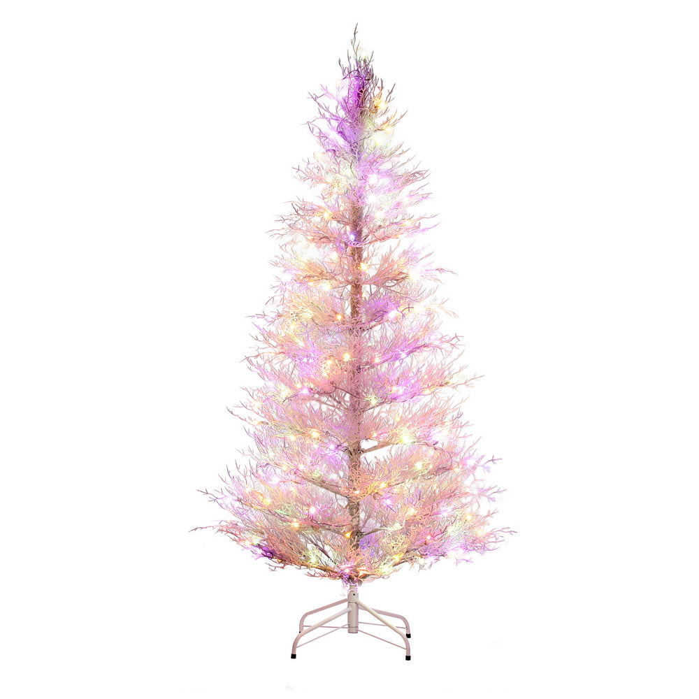6FT / 1.8M Christmas Tree – Sparse White – 622 Tips – Pre-lit 200 Multi-Colour LED Lights with metal stand on white background